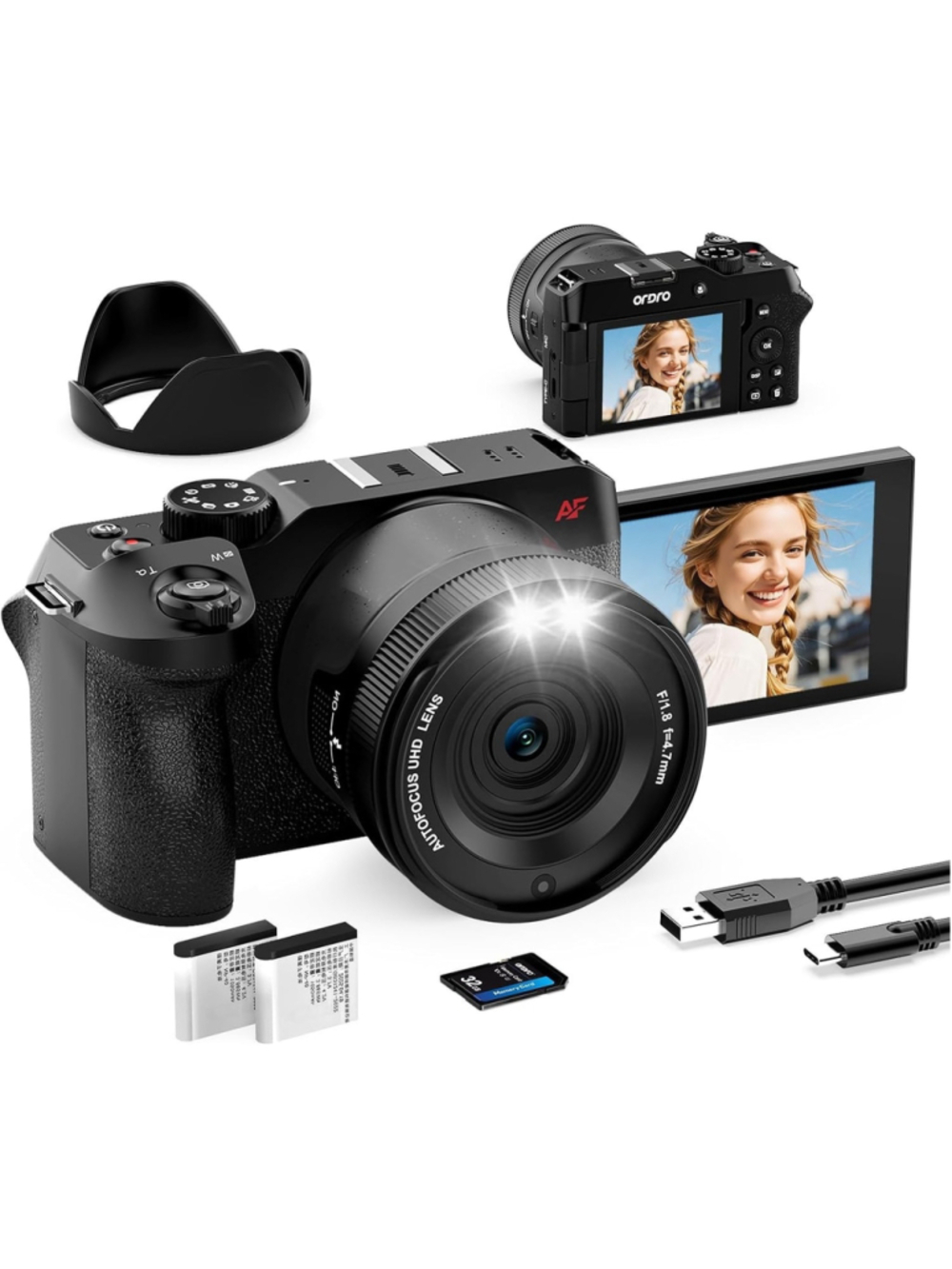 ORDRO 5K Digital Camera 80MP Autofocus Vlogging Camera 18X Zoom Flip Screen